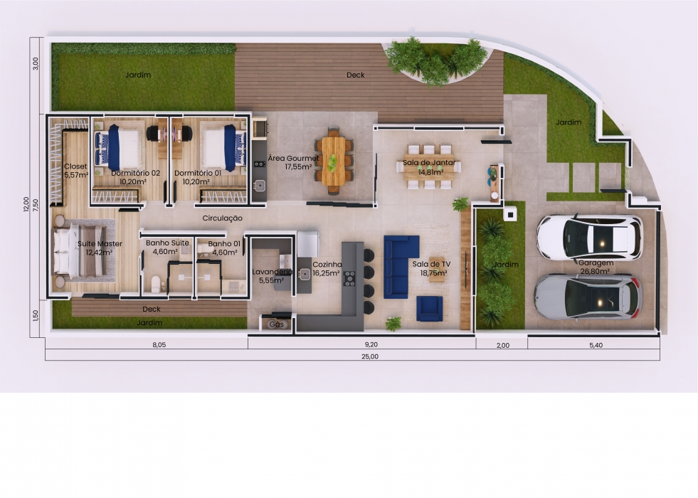 Plantas de casas com terreno de esquina com 3 dormitórios