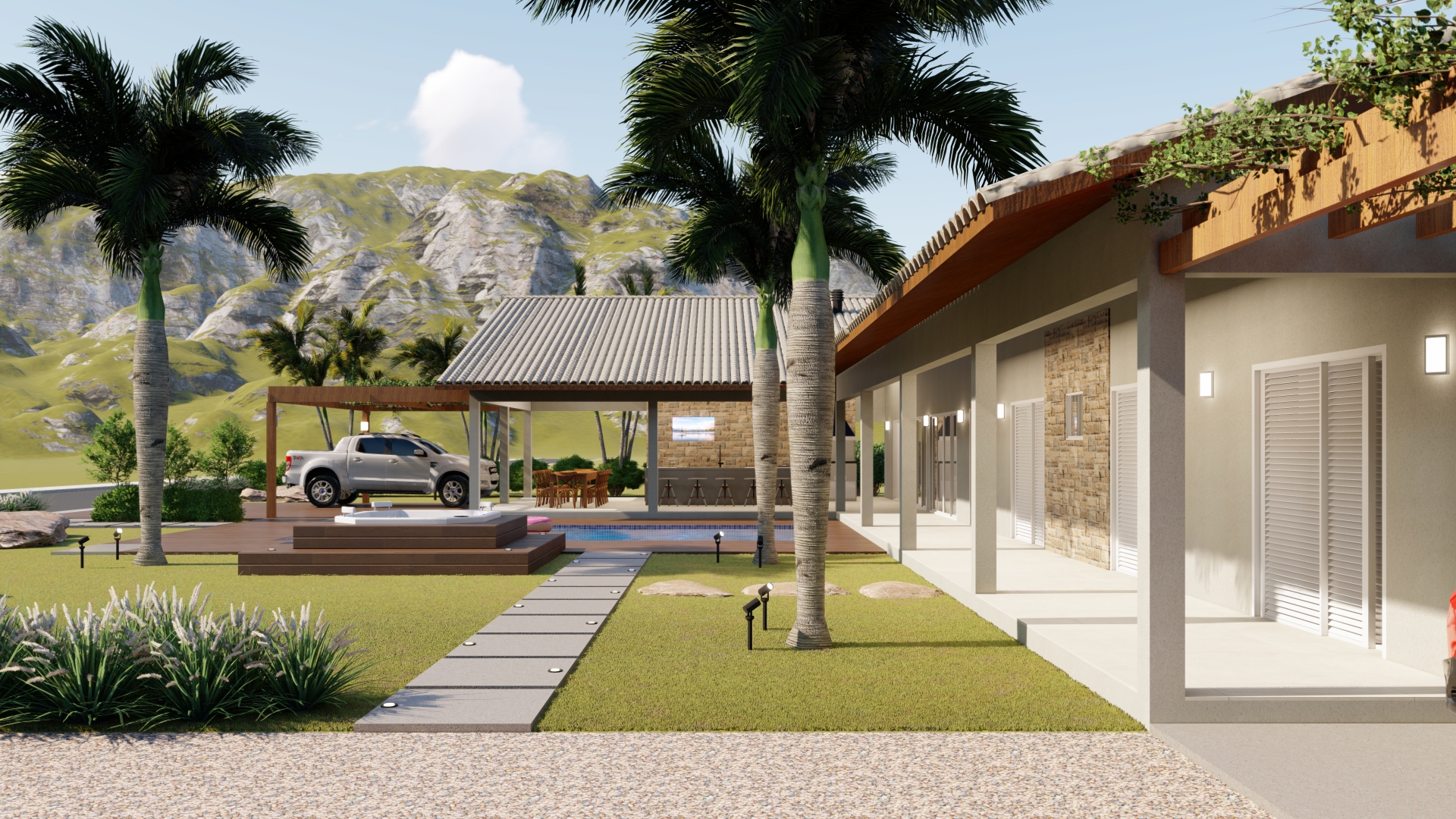 Planta de casa de chácara com varanda, 4 dormitórios e piscina (invertido)