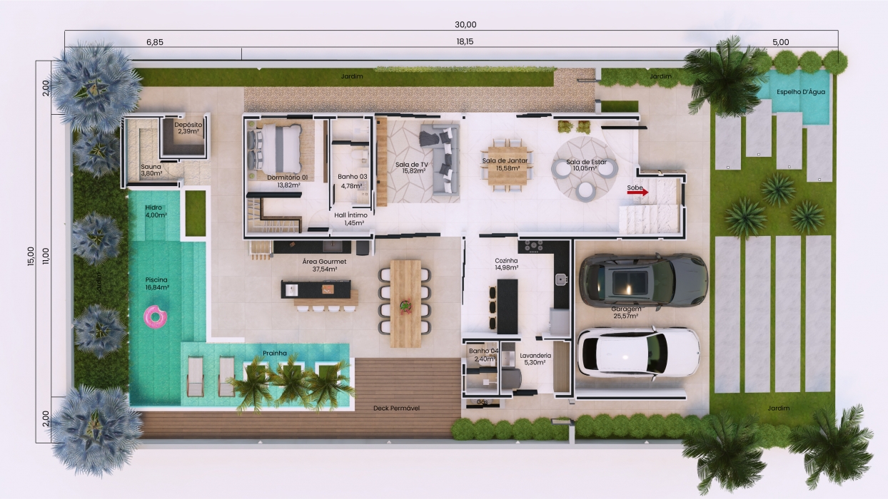 Plantas de casas sobrado com ambientes integrados e pé direito duplo