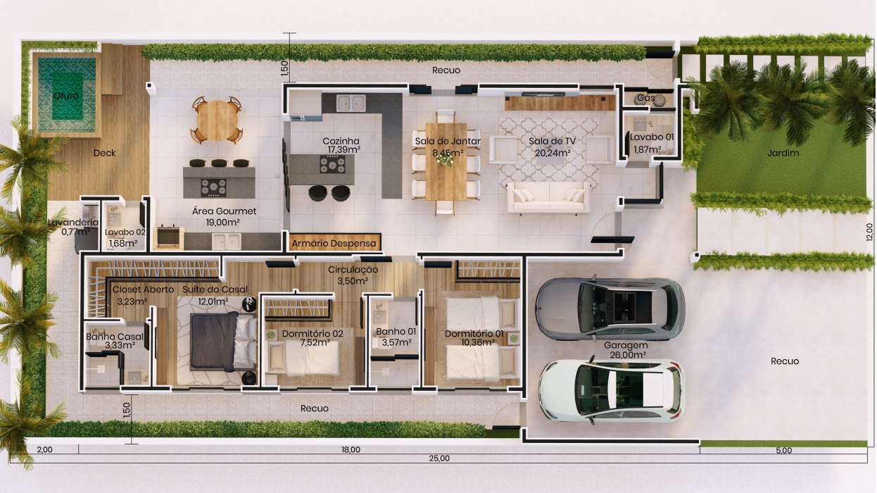 Planta de Casa com 3 dormitórios, área gourmet e ofurô