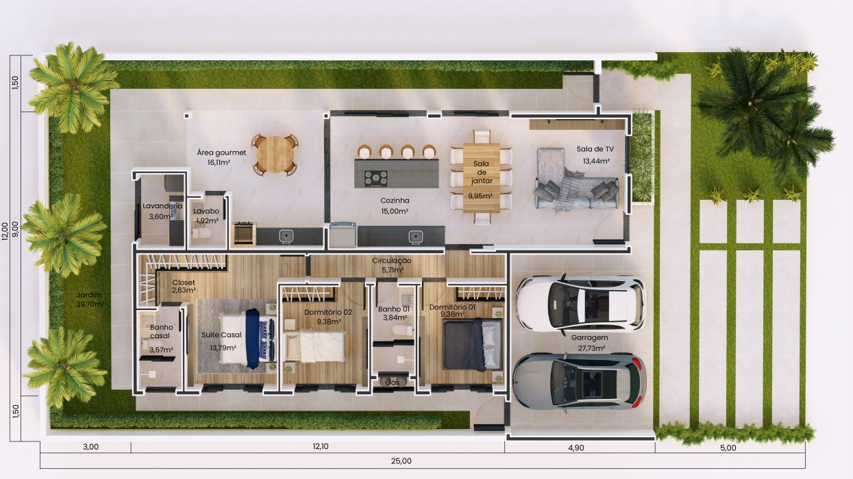 Plantas de casas térrea com 3 dormitórios até 150m²