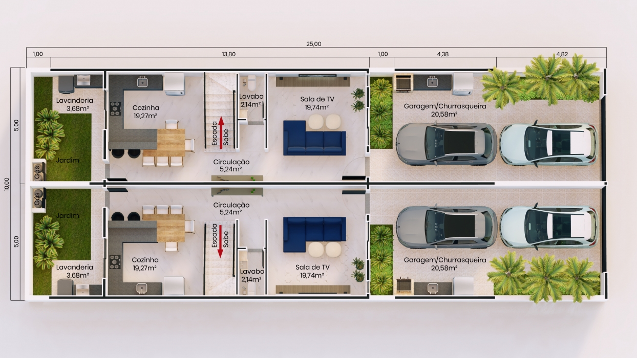 Plantas de Casas Geminadas com 2 dormitórios